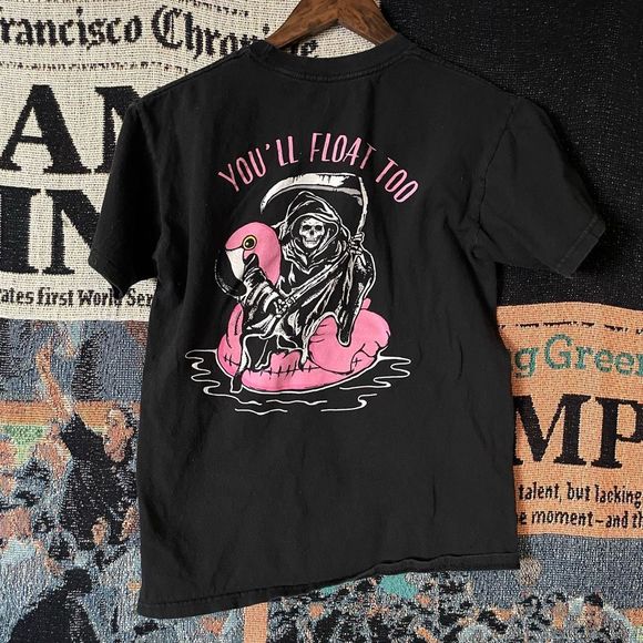 No Brand Other - Retro Fit Black T-Shirt Grim Reaper Summertime “You’ll Float Too” Funny Size S